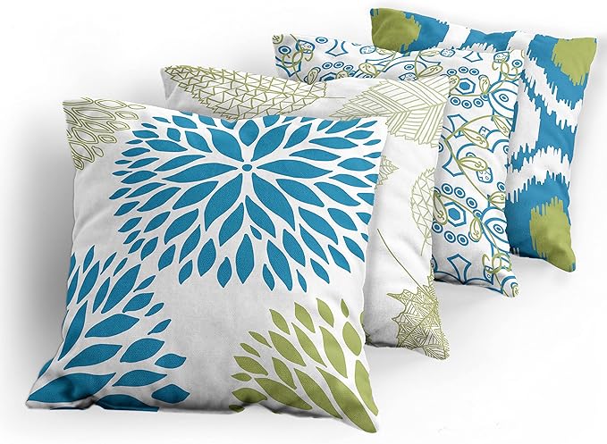 Ambesonne Vintage Throw Pillow Cushion Case Pack of 4, Bohemian Ornamental Leaves Dahlia Pattern Geometric Art Curlicue Motif, Modern Accent Double-Sided Digital Printing, 16", Blue Olive Green White