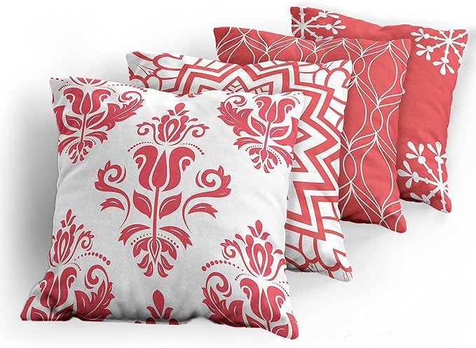 Ambesonne Retro Throw Pillow Cushion Case Pack of 4, Trellis Grid Medieval Floral Damask Mandala Flower Ornament in Modern Monochrome, Modern Accent Double-Sided Digital Printing, 24", Dark Coral