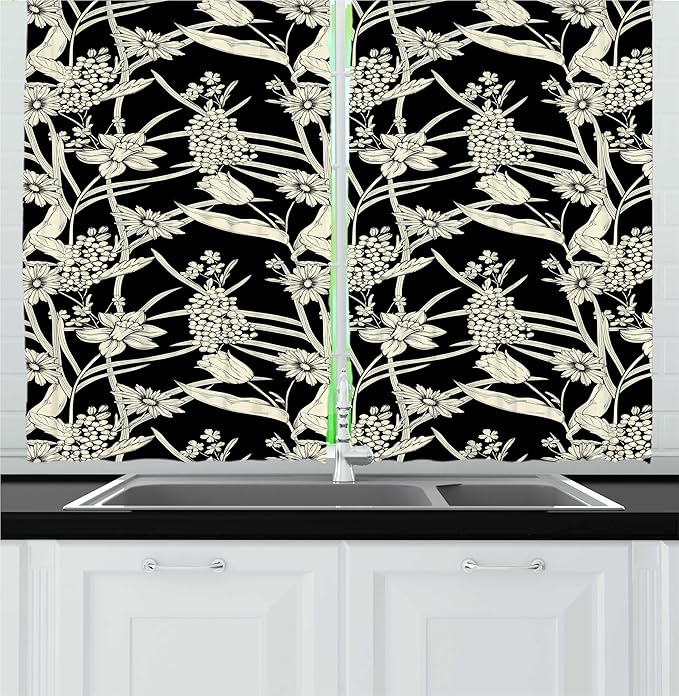 Lunarable Vintage Kitchen Curtains, Nature Inspired Pattern with Spring Flowers Monochrome Engraved Design, Window Drapes 2 Panel Set for Kitchen Cafe Decor, 55" x 30", Charcoal Grey and Cream