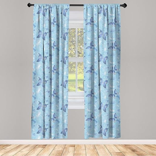 Ambesonne Butterfly Window Curtains, Pastel Color Dragonflies Floral Arrangement Swirls Curves Spring, Lightweight Decor 2-Panel Set with Rod Pocket, Pair of - 28" x 84", White Blue