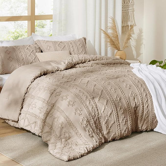 Bedsure Tufted Boho Comforter Set California King Size - Khaki Boho Bed Set, GentleSoft™ 3 Pieces Farmhouse Shabby Chic Embroidery Bedding, Gifts for Woman, Soft Jacquard Comforter for All Seasons