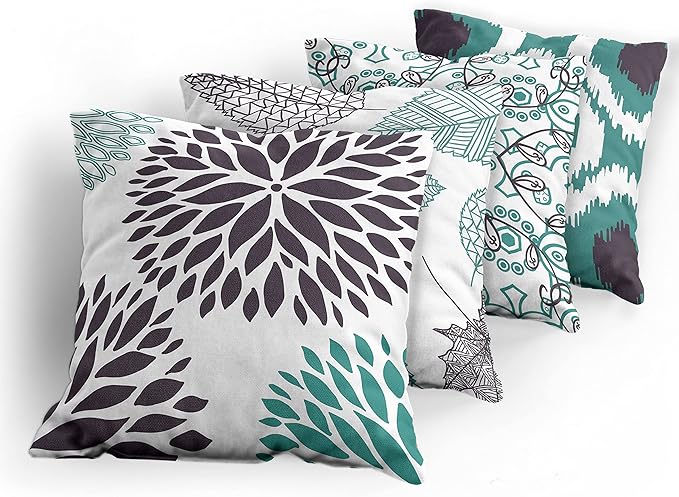 Ambesonne Vintage Throw Pillow Cushion Case Pack of 4, Bohemian Ornamental Leaves Dahlia Pattern Geometric Art Curlicue Motif, Modern Accent Double-Sided Digital Printing, 16", Teal Indigo and White