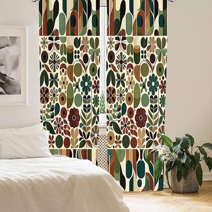 Ambesonne Scandinavian Window Curtains, Abstract Geometric Art of Leaves and Flowers with Bohemian Feel, Lightweight Decor 2-Panel Set with Rod Pocket, Pair of - 28" x 95", Olive Green Redwood Beige