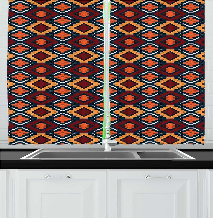 Lunarable Ethnic Kitchen Curtains, Tribal Motif Effect Mexican Folkloric Colorful Geometric Shapes, Window Drapes 2 Panel Set for Kitchen Cafe Decor, 55" x 24", Dark Teal Marigold and Ruby