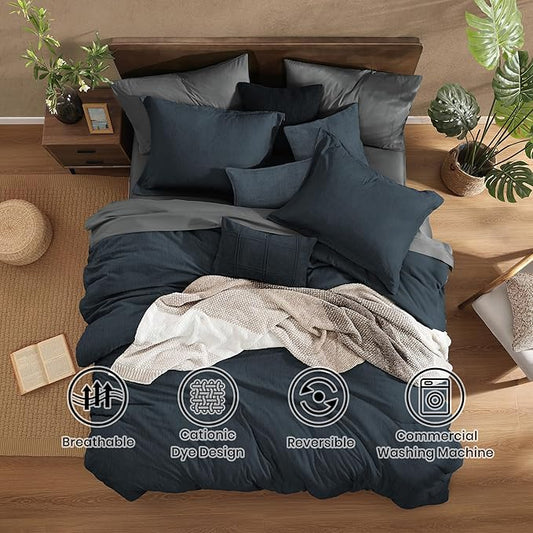 Monbix King Size Comforter Set, Navy Blue King Size Bed Set Reversible, King Comforter Set 7 Pieces, Cationic Dyeing Bed in a Bag with Comforter, Sheets, Pillowcases & Shams