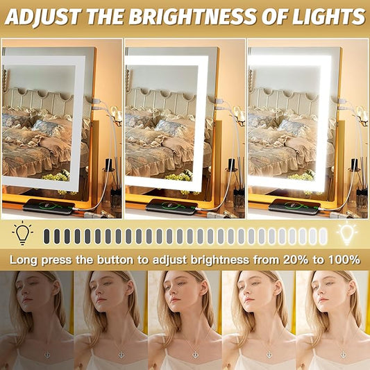 FENNIO Vanity Mirror with Lights 22''x18'' Makeup Mirror with Lights,Lighted Makeup Mirror with 10X Magnification and USB,Smart Touch Screen with 3-Color Lighting,Dimmable(Square Gold)