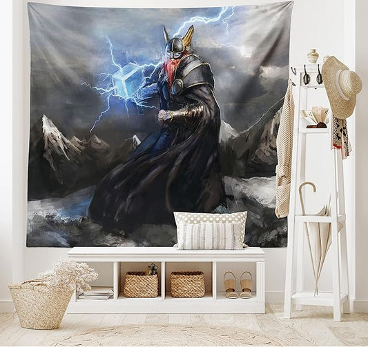 Lunarable Viking Tapestry, Thor Mjolnir and Thunder Flying Over Mountains Angry Warrior from Norse Myths, Wide Wall Hanging for Bedroom Living Room Dorm, 80" X 60", Grey Yellow