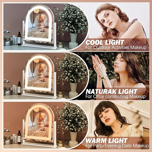 FENNIO Vanity Mirror with Lights 15"x13" Makeup Mirror with Lights, Lighted Makeup Mirror Touch Screen with 3-Color Lighting, 10X Magnification, Dimmable, for Vanity Desk Tabletop(White)