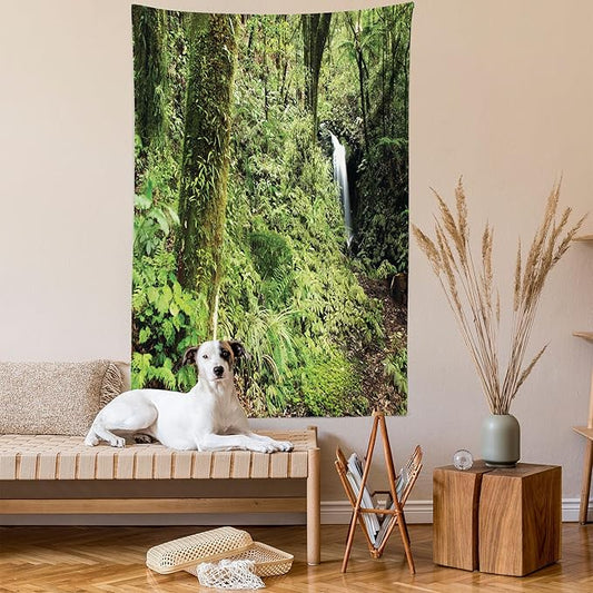 Lunarable Woodland Tapestry Twin Size, Waterfall in Deep Forest Scenery in The Woods Green of Earth Covering Plants, Wall Hanging Bedspread Bed Cover Wall Decor, Twin Size, Forest Green
