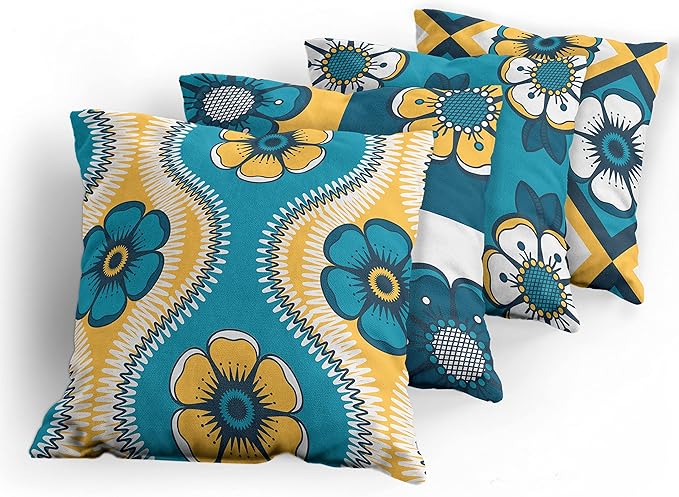 Ambesonne Vintage Throw Pillow Cushion Case Pack of 4, Nostalgic Look Abstract Flowers Squares Tile Mosaic Inspired Motif, Modern Accent Double-Sided Digital Printing, 18", Petrol Blue and Pale Orange