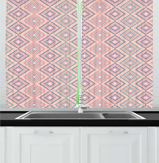 Lunarable Aztec Kitchen Curtains, Warm Pastel Colored Modern Traditional Folkloric Ethnic Rhombus Squares, Window Drapes 2 Panel Set for Kitchen Cafe Decor, 55" x 24", Blush Indigo Pale Teal