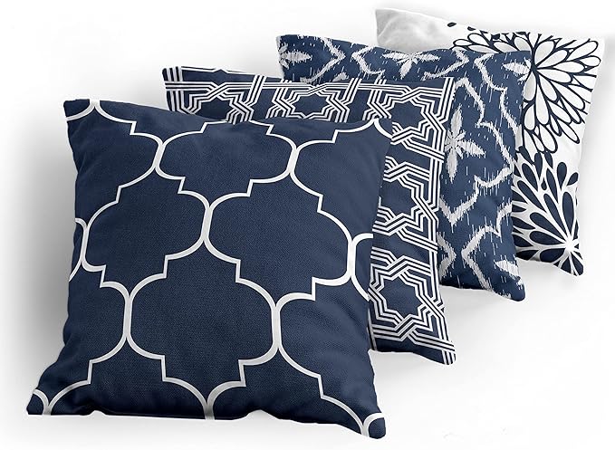 Ambesonne Vintage Throw Pillow Cushion Case Pack of 4, Quatrefoil Mesh Medieval Lattice Ornaments Ethnic Motive and Dahlia Flowers, Modern Accent Double-Sided Digital Printing, 18", Night Blue White