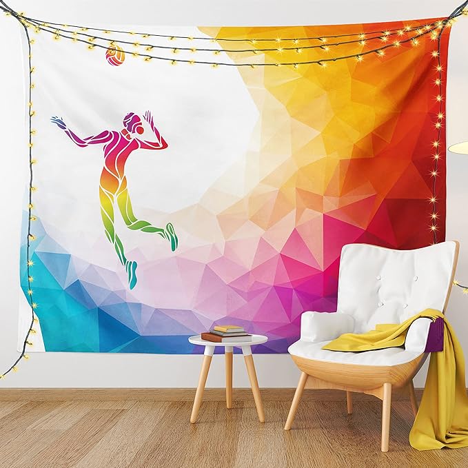 Lunarable Volleyball Tapestry, Colorful Polygonal Background Triangles Jumping Woman Striking The Ball, Wide Wall Hanging for Bedroom Living Room Dorm, 80" X 60", Purple Blue