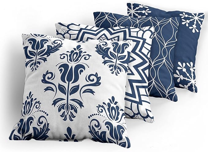 Ambesonne Retro Throw Pillow Cushion Case Pack of 4, Trellis Grid Medieval Floral Damask Mandala Flower Ornament in Modern Monochrome, Modern Accent Double-Sided Digital Printing, 20", Dark Sky Blue