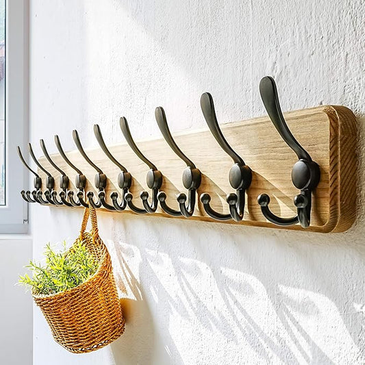 Dseap Coat Rack Wall - Heavy-Duty 38-1/4" Long, with Reinforced 10 Custom Tri-Hooks, Solid Wood Wall Hanger for Coats Hat Jackets - Rustic Farmhouse Entryway Hallway Storage, Weathered Brown & Black