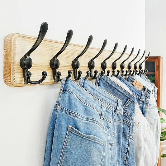 Dseap Coat Rack Wall - Heavy-Duty 38-1/4" Long, with Reinforced 10 Custom Tri-Hooks, Solid Wood Wall Hanger for Coats Hat Jackets - Rustic Farmhouse Entryway Storage, Light Brown & Black, Pack of 2