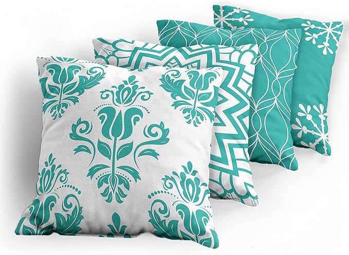 Ambesonne Retro Throw Pillow Cushion Case Pack of 4, Trellis Grid Medieval Floral Damask Mandala Flower Ornament in Modern Monochrome, Modern Accent Double-Sided Digital Printing, 20", Dark Seafoam