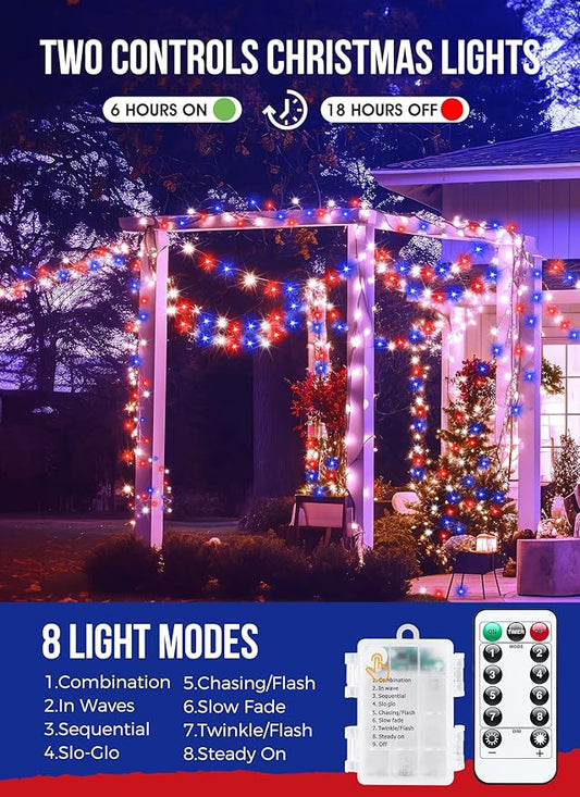 4th of July Decorations Red White and Blue Fairy Lights Battery Operated, 10 Feet 120LEDs Firecracker String Lights with Remote, Twinkle Lights for DIY Wreath Indoor Outdoor Independence Day Decor