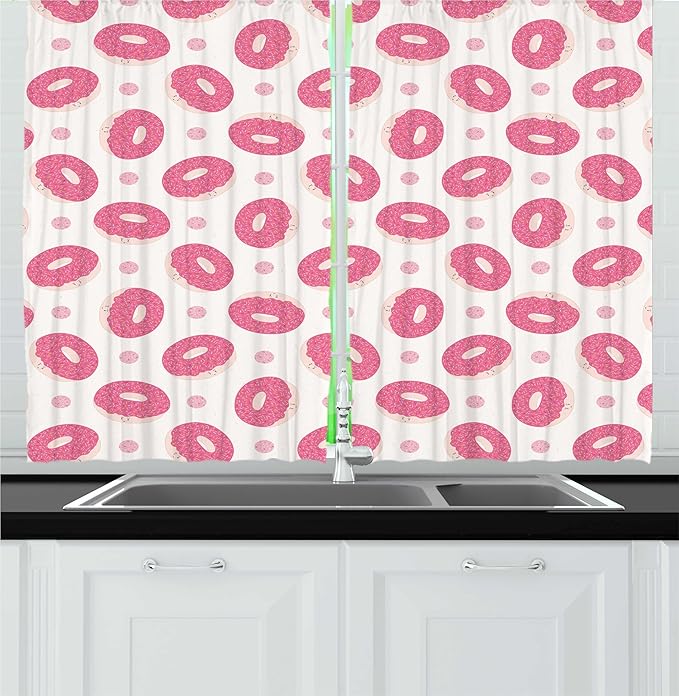 Lunarable Donut Kitchen Curtains, Continuous Kawaii Style Cartoon Smiling Bakery Food Dessert with Sprinkles, Window Drapes 2 Panel Set for Kitchen Cafe Decor, 55" x 24", Pink Pale Eggshell
