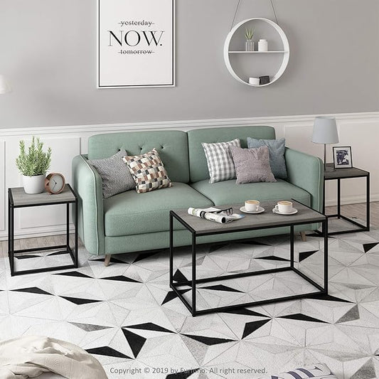 Furinno Camus Modern Living Room Coffee Table with 2 End Tables Set, French Oak Grey