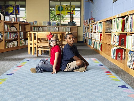 Flagship Carpets Schoolgirl Style Blue with Rainbow Hearts Border Educational Area Rug for Kids Room Seating Décor, Children's Classroom, Play Carpet for Teaching and Playroom, 7'6" x 12', Blue