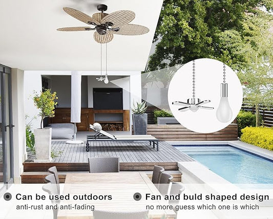 Ceiling Fan Pull Chain, 13.6 Inches Fan Pulls Set with Connector, 2 PCS Beaded Ball Fan Pull Chain (Nickel)