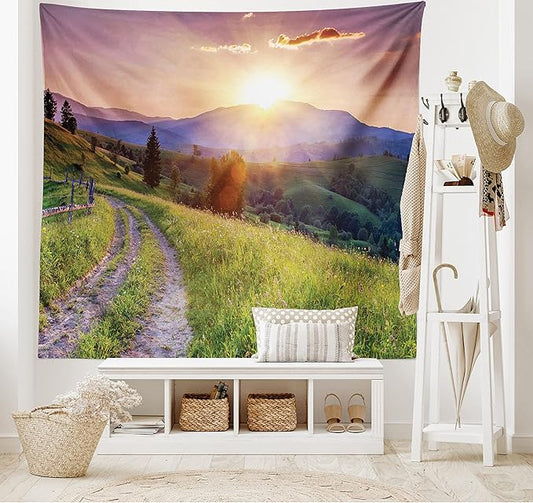 Ambesonne Landscape Tapestry, Sunset in The Mountain Landscape Rural Road Forest Countryside Wonderland Print, Wide Wall Hanging for Bedroom Living Room Dorm, 80" X 60", Green Lilac