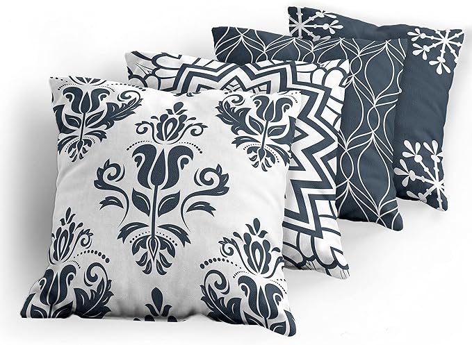 Ambesonne Retro Throw Pillow Cushion Case Pack of 4, Trellis Grid Medieval Floral Damask Mandala Flower Ornament in Modern Monochrome, Modern Accent Double-Sided Digital Printing, 24", Dark Slate Blue