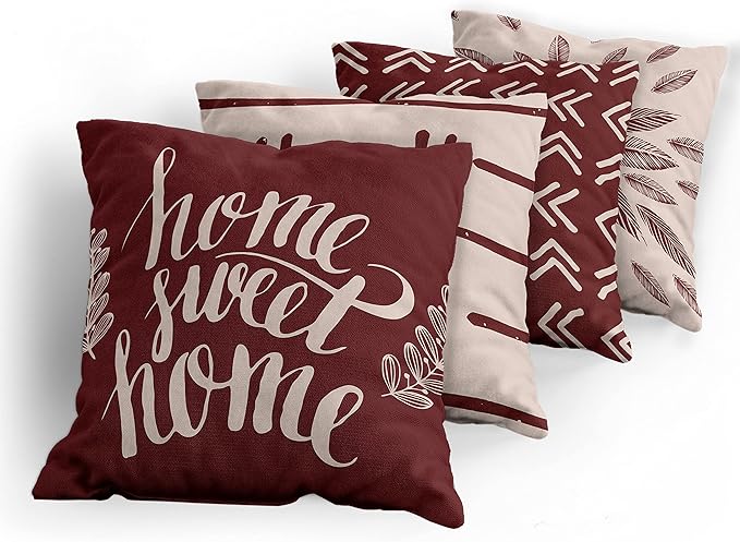 Ambesonne Modern Throw Pillow Cushion Case Pack of 4, Scandinavian Minimal Ornaments Boho Feather Leaves and Home Phrase Print, Modern Accent Double-Sided Digital Printing, 16", Pale Tan and Burgundy