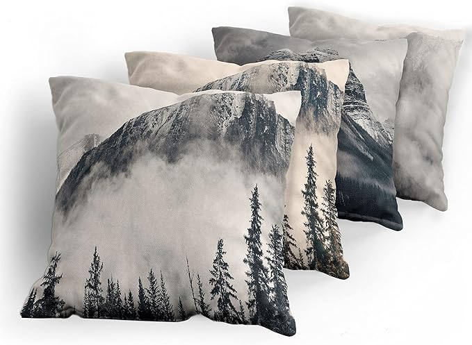 Ambesonne Mountain Throw Pillow Cushion Case Pack of 4, Misty Peaks and Hills Wild Nature Adventure Pine Forest Landscape, Modern Accent Double-Sided Digital Printing, 20", Eggshell Night