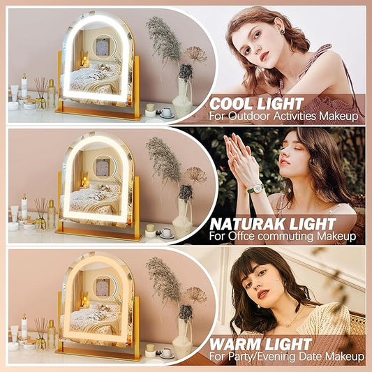 FENNIO Large Vanity Mirror with Lights - 15.5"x13" LED Lighted Makeup Mirror with Lights, 10X Magnification, Touch Screen with 3-Color Lighting, Dimmable, for Vanity Desk Tabletop, Bedroom(Gold)
