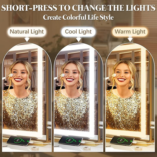 FENNIO Vanity Mirror with Lights 32"x22", Lighted Makeup Mirror, Large Vanity Mirror, Touch Sensor with 3-Color Lighting, 10X Magnification and USB Charging Port for Vanity Desk(Square Gold)