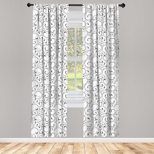 Ambesonne Black and White Window Curtains Pack of 2, Vintage Swirls Pattern with Monochrome Ornamental Old-Fashioned Design, Lightweight Set with Rod Pocket, 4 Panels of - 28" x 84", Black White