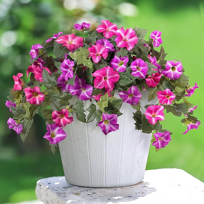 Artificial Fake Flowers Plants for Outdoor Decoration, 2PCS Faux Petunias Silk Flower UV Resistant No Fade Floral for Home Outside Garden Balcony Yard Porch Realistic Indoor Decor (Red Lotus)