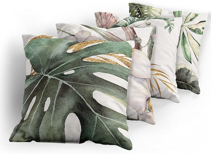Ambesonne Vintage Tropical Throw Pillow Cushion Case Pack of 4, Retro Botanical Summer Vibes Monstera Leaf Orchid Flowers, Modern Accent Double-Sided Digital Printing, 16", Laurel Green Ginger Blush