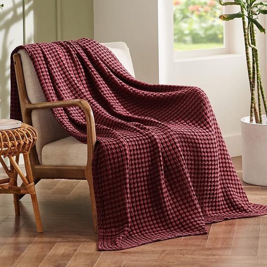 Bedsure Cooling Cotton Waffle Twin XL Blanket - Lightweight Breathable Blanket of Rayon Derived from Bamboo for Hot Sleepers, Luxury Throws for Bed, Couch and Sofa, Burgundy, 66x90 Inches