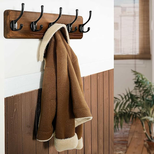 WEBI Coat Rack Wall Mount,Coat Hooks Wall Mounted,16" Hole to Hole,Coat Hanger Wall,Hook Rack Rail,5 Hooks for Hanging Jacket,Clothes,Hats,Rustic Brown