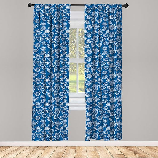 Ambesonne Teapot Window Curtains, Rhythmic Engraving Sketch Style Dotted Pots Tea Vintage Cups Pattern, Lightweight Decor 2-Panel Set with Rod Pocket, Pair of - 28" x 84", Cobalt Blue and White