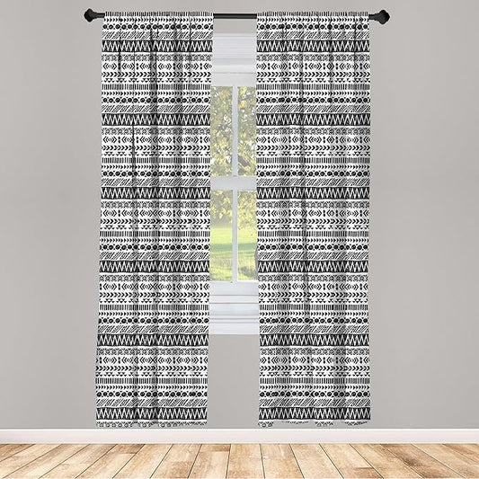 Ambesonne Striped Curtains, Trippy Mystic Aztec Culture Antique Aged Folk Old Bohemian Print, Window Treatments 2 Panel Set for Living Room Bedroom, Pair of - 28" x 95", White Black