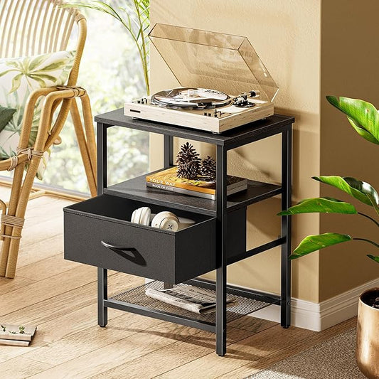 Huuger Nightstand Set of 2, Night Stand with Fabric Drawer, Mesh Shelf, Side Table with Storage, Fabric Drawer Dresser, Open Shelf, Metal Frame, Bedroom, Black