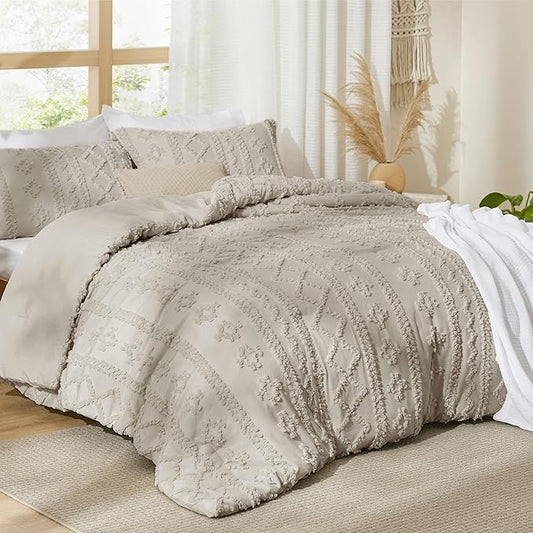Bedsure Tufted Boho Comforter Set King Size - Linen Boho Bed Set, GentleSoft™ 3 Pieces Farmhouse Shabby Chic Embroidery Bedding, Gifts for Woman, Soft Jacquard King Comforter for All Seasons