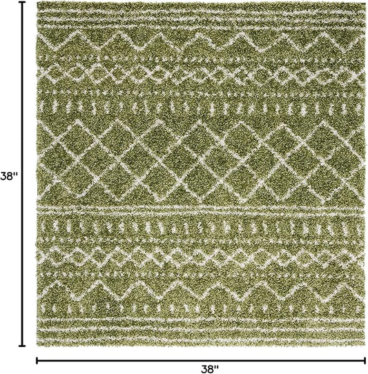 SAFAVIEH Arizona Shag Collection Accent Rug - 3'2" Square, Green & Ivory, Moroccan Design, Non-Shedding & Easy Care, 1.6-inch Thick, Ideal for The Living Room, Dining, Bedroom (ASG741X)