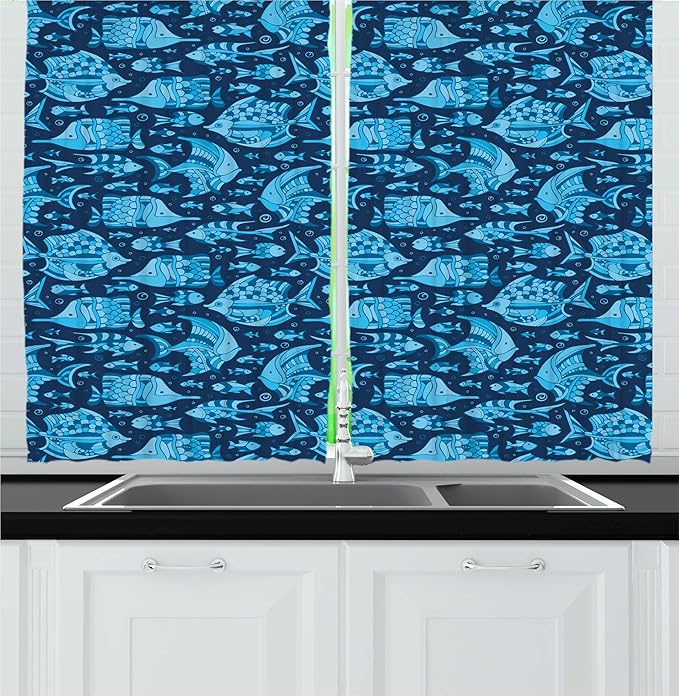 Lunarable Fish Kitchen Curtains, Monochrome Art Design Undersea Swimming Animals and Bubbles, Window Drapes 2 Panel Set for Kitchen Cafe Decor, 55" x 24", Night Blue Pale Sky Blue