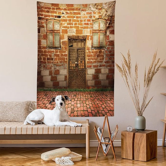 Ambesonne Rustic Tapestry, Antique Exterior with Old Door and Windows Frontage Aged Building Print, Wall Hanging for Bedroom Living Room Dorm, 60" X 80", Cinnamon Brown