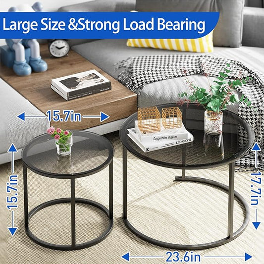 aboxoo Nesting Coffee Table Grey Glass Table Set of 2, Small Round Glass Nesting Tables for Living Room Bedroom, Accent Tea Table with Metal Frame Modern Industrial Simple