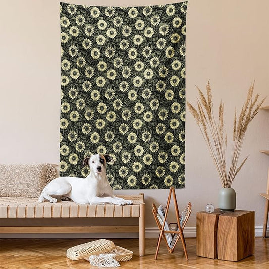 Lunarable Sunflower Tapestry Queen Size, Abstract Nature Inspired Illustration Bouquet Retro Composition, Wall Hanging Bedspread Bed Cover Wall Decor, Queen Size, Yellow Green