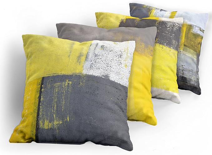Ambesonne Modern Decorative Throw Pillow Covers Pack of 4, Abstract Grunge Themed Geometric Squares Paintbrush Stroke, Ornament for Home Accent Double-Sided Cases Digital Printing, 18", Yellow Grey