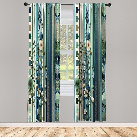 Ambesonne Bohemian Curtains, Hexagons Floral Botany Art in Cold Colors Ocean and Nature Tones, Window Treatments 2 Panel Set for Living Room Bedroom, Pair of - 28" x 63", Teal Green and Sea Blue