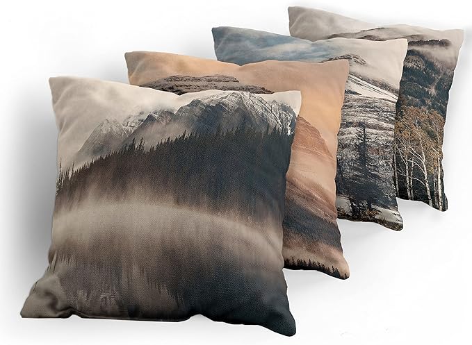 Ambesonne Landscape Throw Pillow Cushion Case Pack of 4, Snowy Mountains Woods Early Morning Sunrise Nature Outdoors Scenery Photo, Modern Accent Double-Sided Digital Printing, 20", Brown White