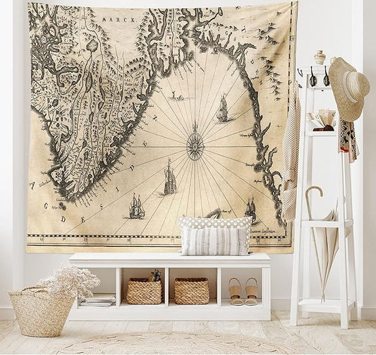 Ambesonne World Map Tapestry, Map of Southern Part of The Norway Vikings World Old Scandinavian Land, Wide Wall Hanging for Bedroom Living Room Dorm, 80" X 60", Cream Grey